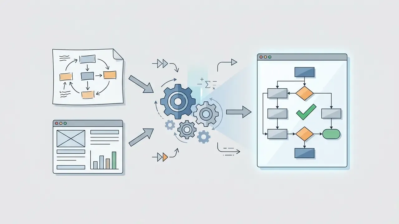 Hand-drawn sketches and UI screenshots moving through gears to become a clean digital process diagram