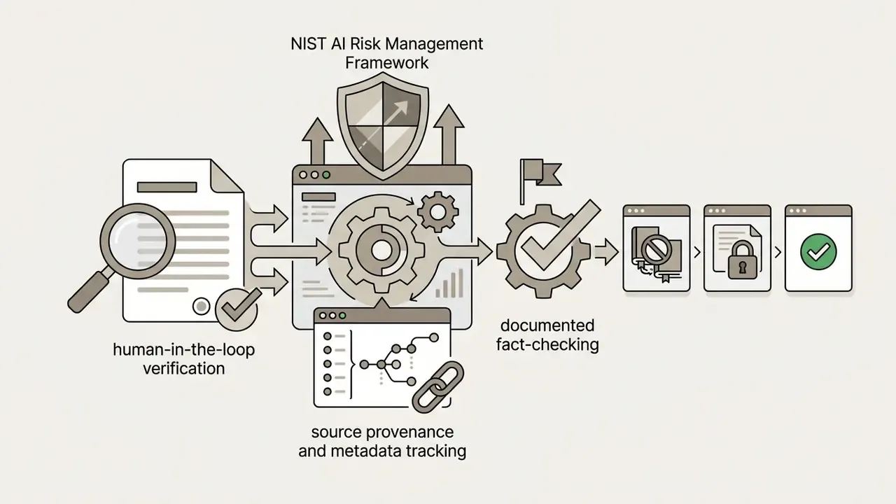 Workflow showing human verification and metadata tracking leading to documented fact-checking and approval