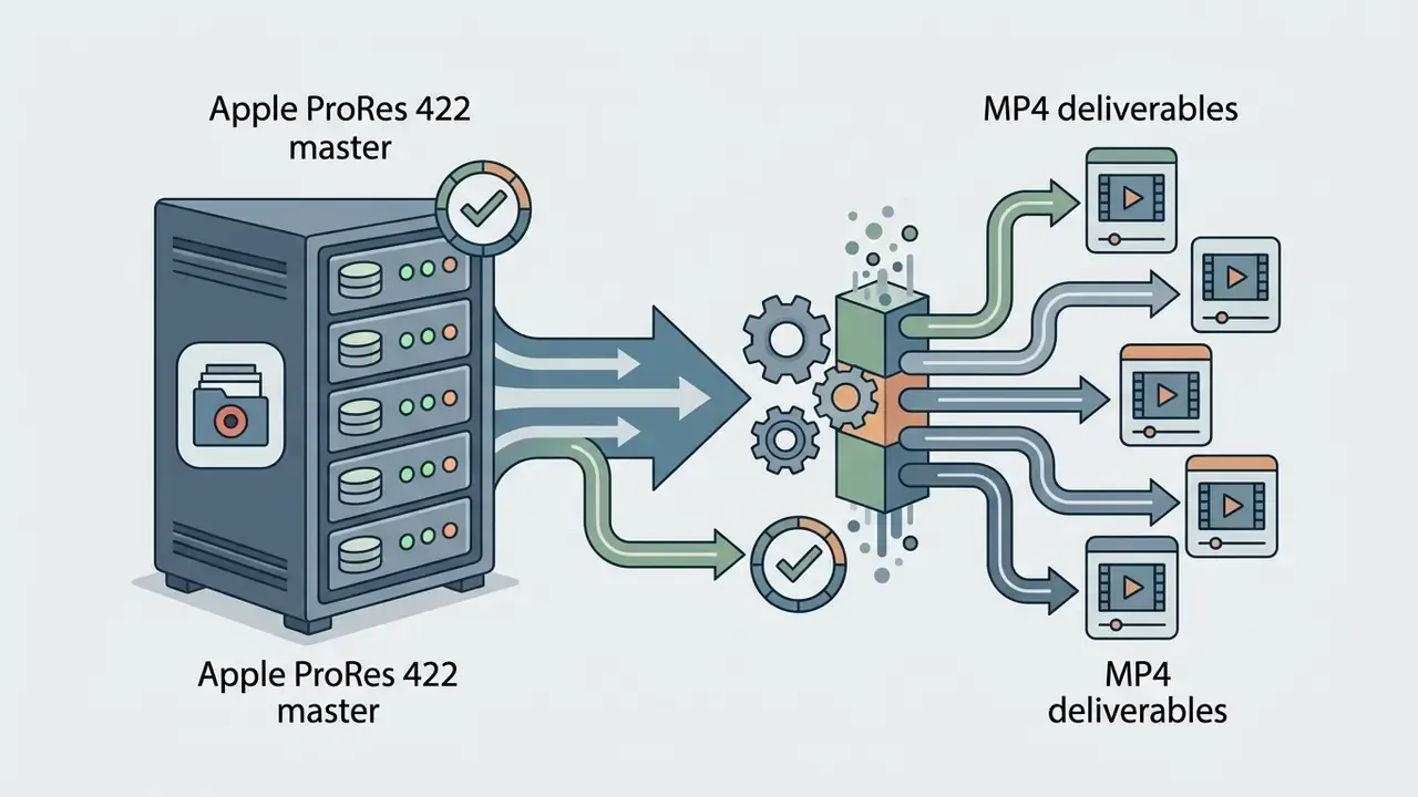 Server storing Apple ProRes 422 master files processed into multiple MP4 deliverables via gears