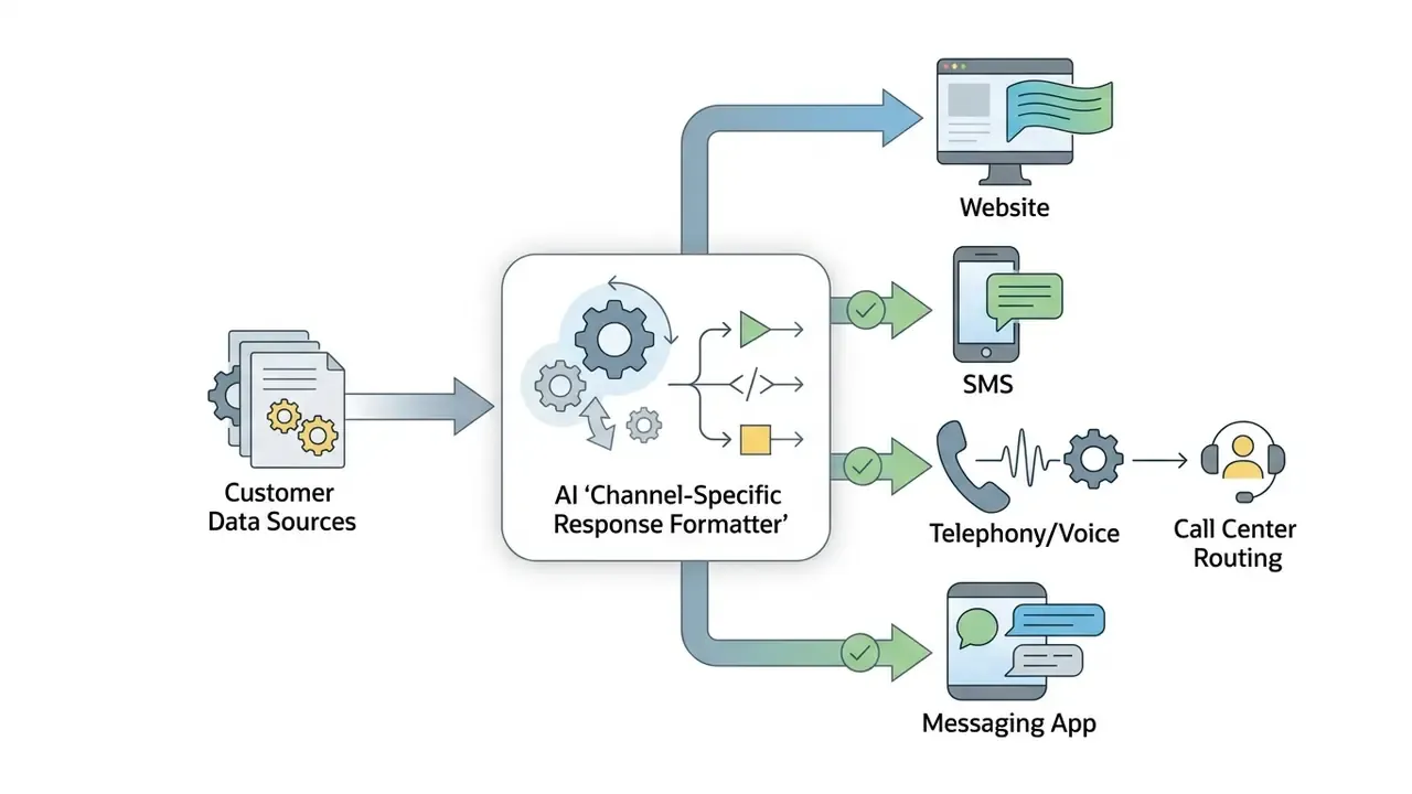 Central processor formatting AI responses for deployment across website, SMS, voice, and messaging channels