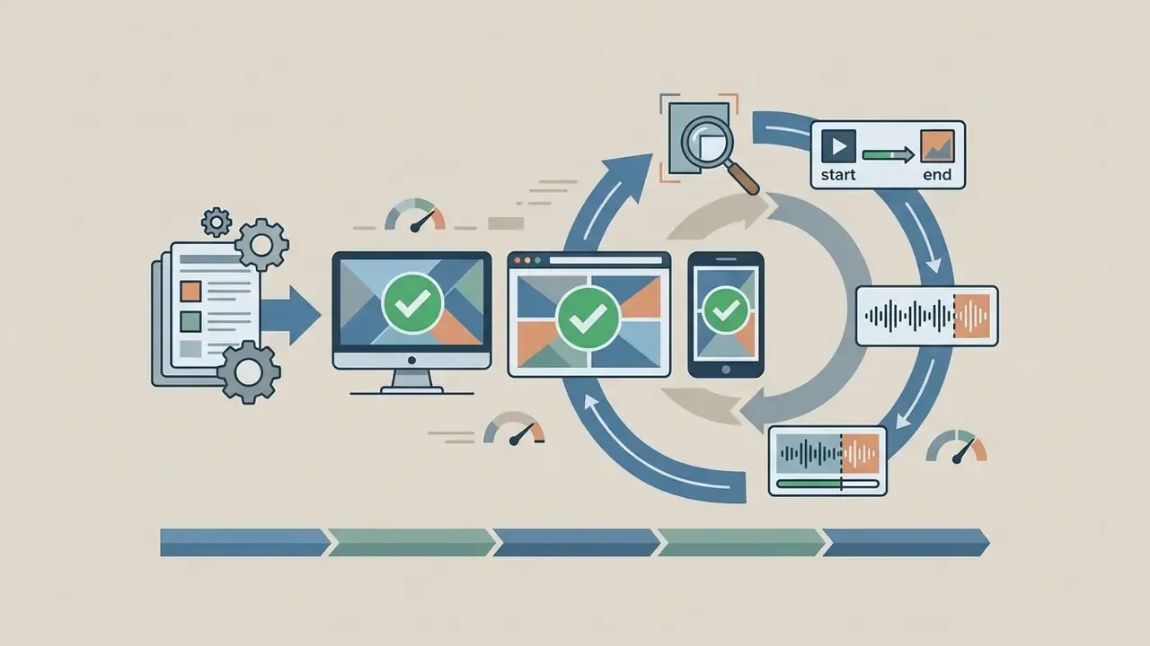 Cycle of testing video software across devices by inspecting start and end frames plus audio waveforms