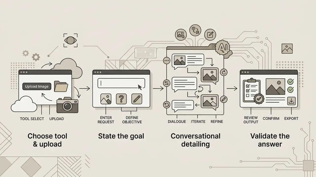 Four-step workflow showing file upload, goal definition, iterative conversational refinement, and output