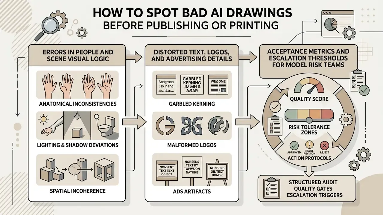 Diagram detailing audit steps for bad AI art including anatomical, text, and risk assessment metrics