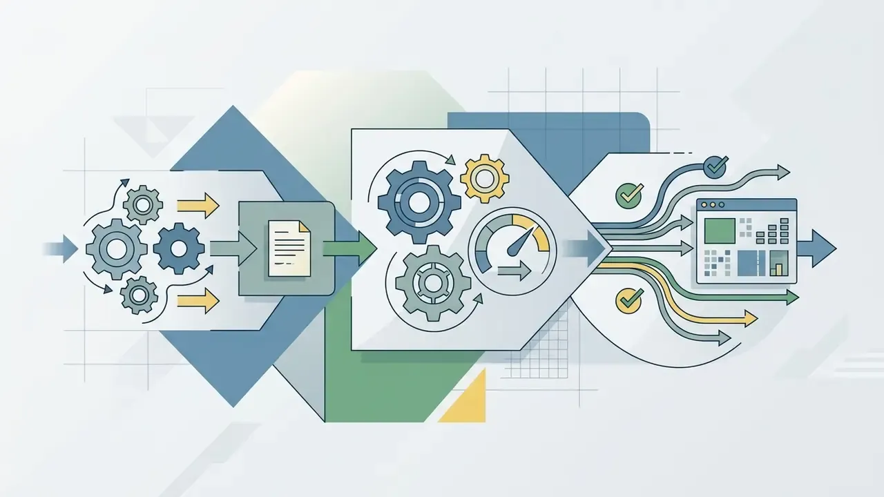 Process flow with gears, a document icon, a gauge, and multiple paths leading to a computer interface window