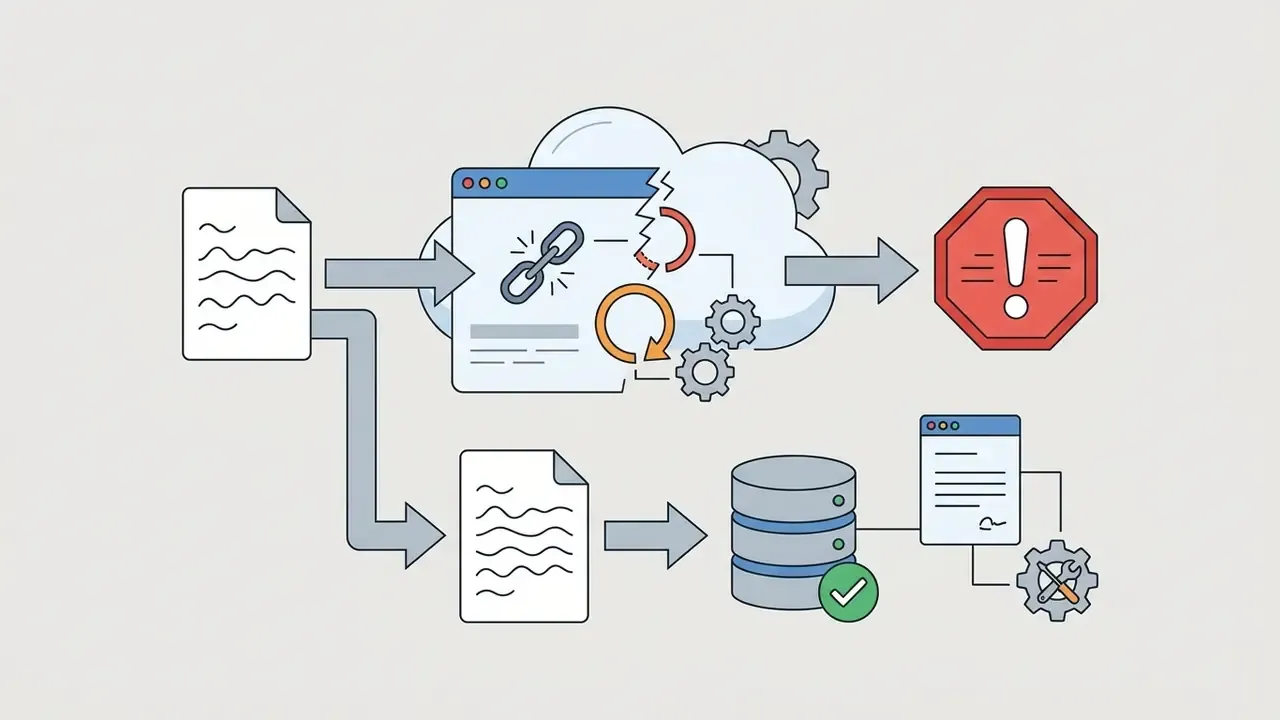 Document data flowing into a broken cloud interface versus a secure local storage and maintenance system