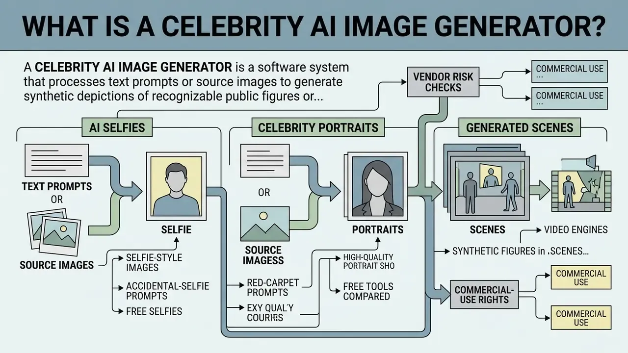 Flowchart showing how text prompts and source images create AI selfies, celebrity portraits, and scenes