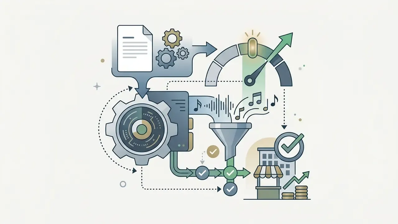 Document and gears feeding into a music processing funnel connected to a commercial storefront icon
