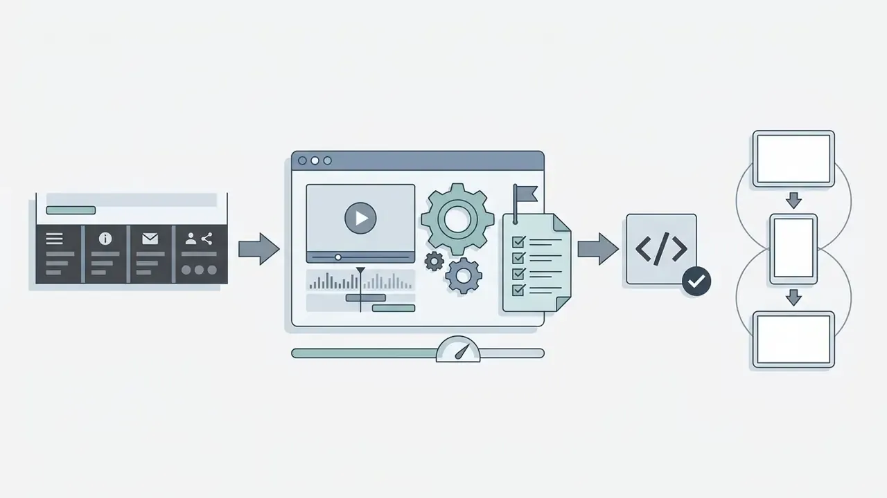 Workflow showing video editing software processing media into code for distribution across multiple devices
