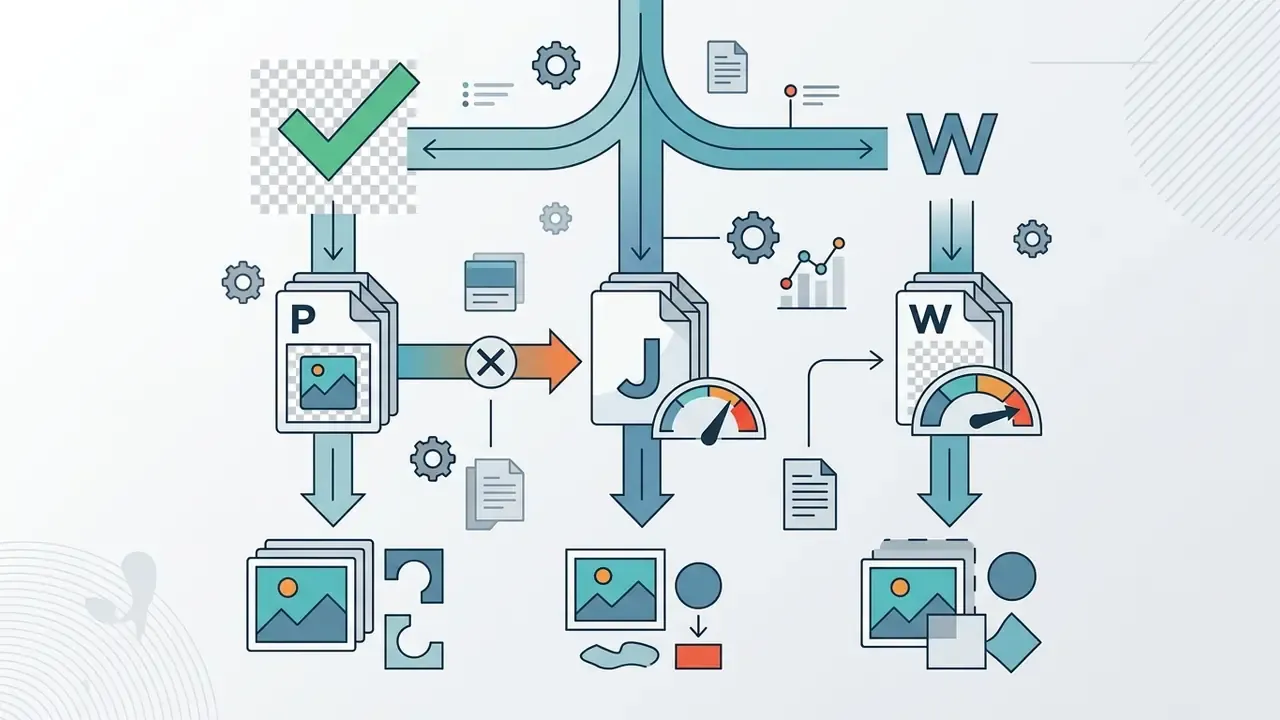 Flowchart showing file processing paths with icons for image formats and performance gauges