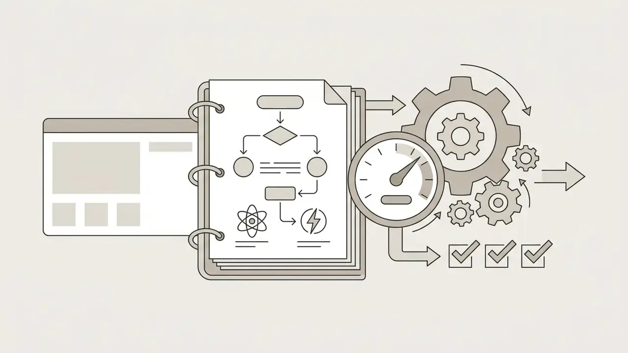 Binder with a flowchart and science icons linked to gears a gauge and a checklist of completed tasks
