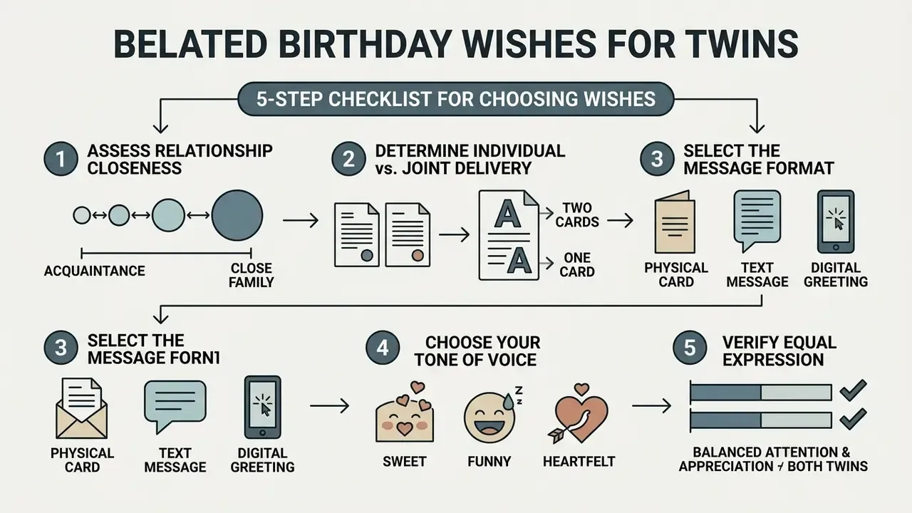 Five step checklist infographic for selecting appropriate and balanced celebratory messages for twins
