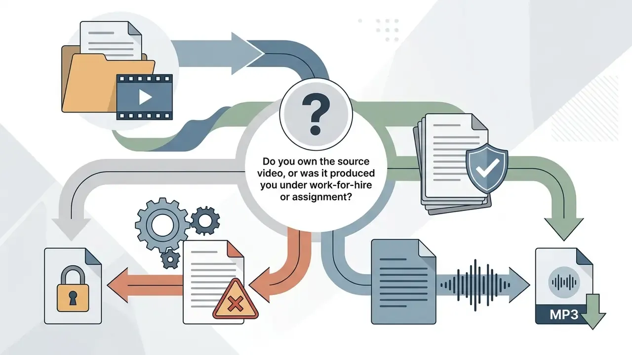 Flowchart evaluating ownership and rights before using a video to audio converter online free