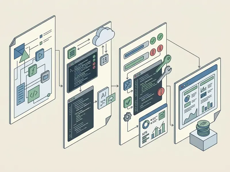 Workflow steps from defining test cases and running AI code generation to testing and measuring results