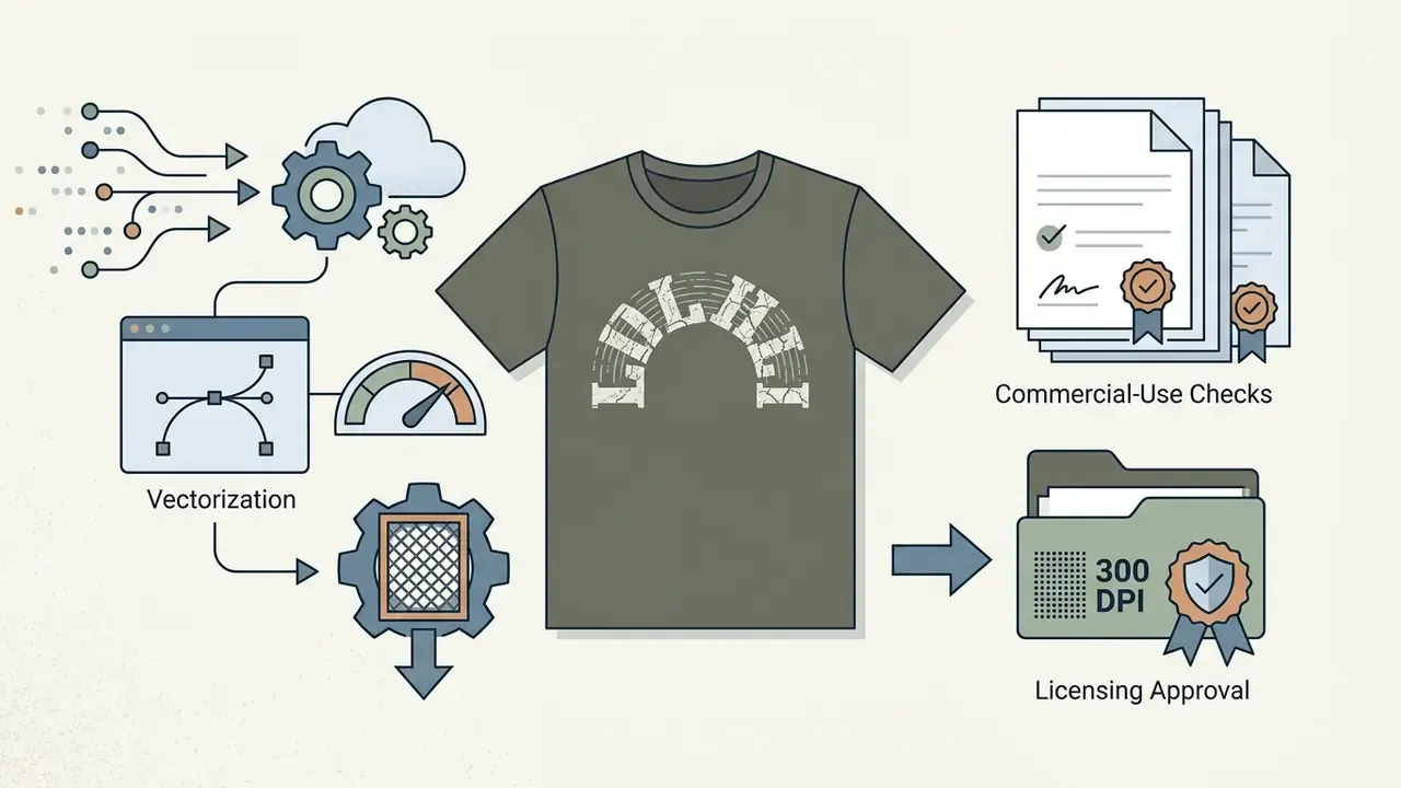 T-shirt design process featuring vectorization, screen printing, and commercial licensing verification