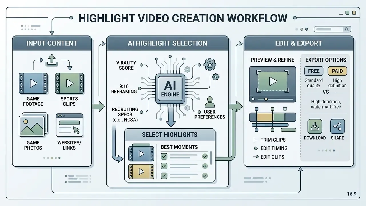 Workflow diagram showing video upload, AI-driven clip selection, and final editing and export steps