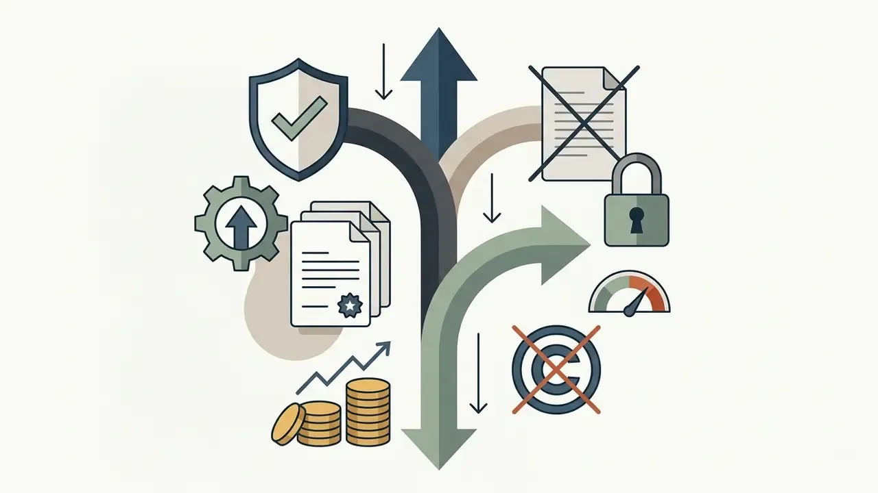 Branching arrows connecting icons of legal documents, shields, locks, and copyright symbols