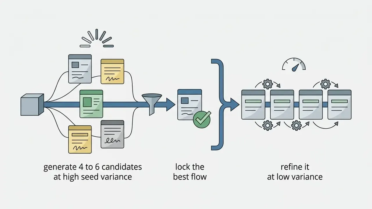 Multiple document icons feeding into a funnel and gear system to refine audio generation parameters