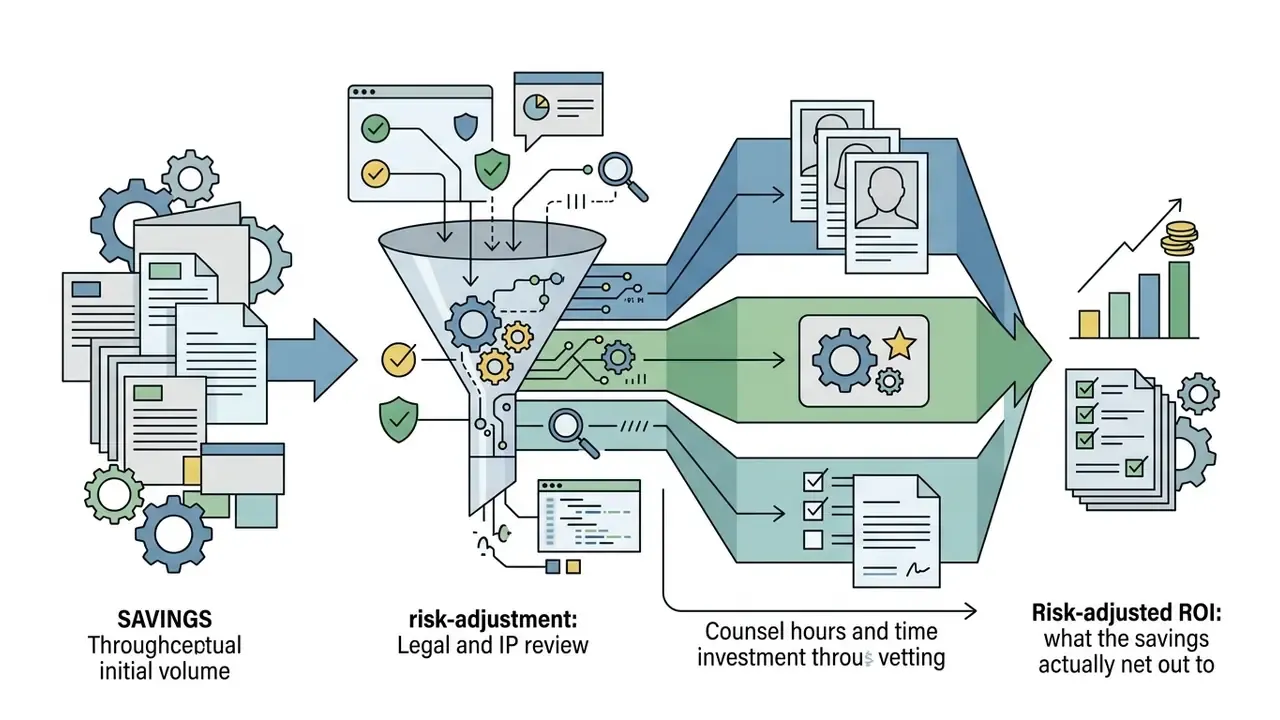 Funnel processing documents into legal and IP review steps to calculate final net financial returns