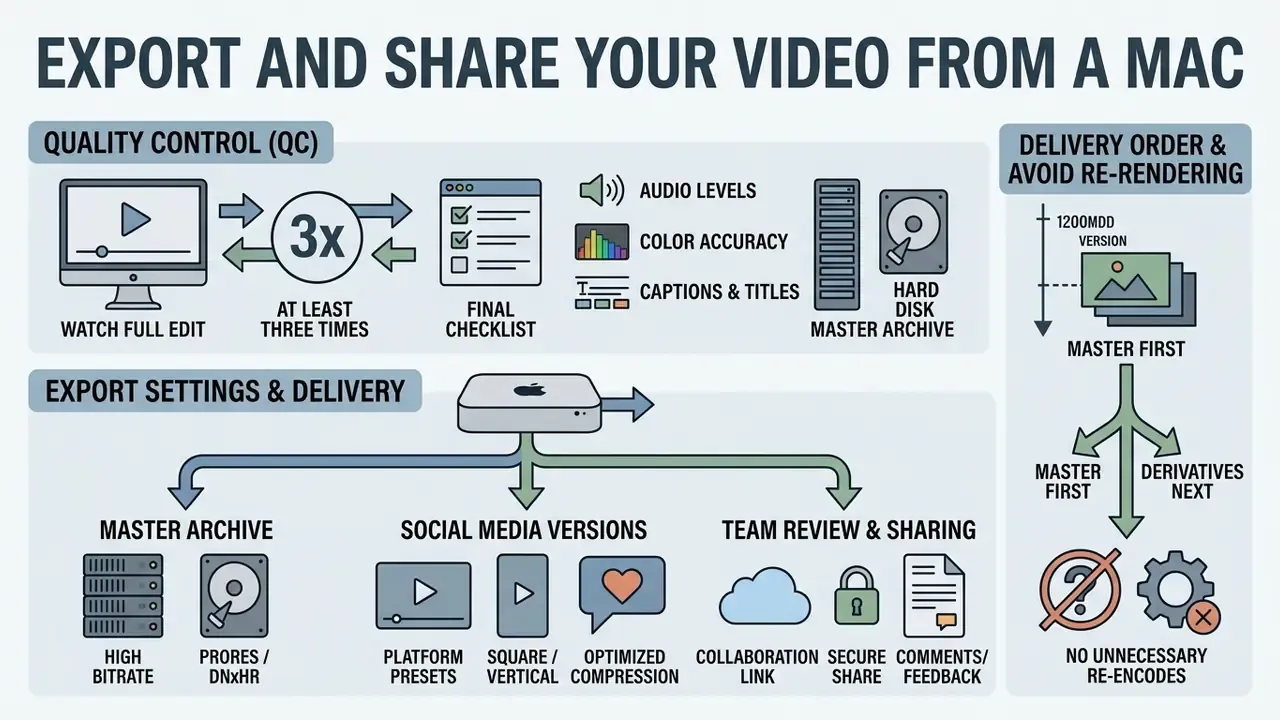 Workflow steps for quality control, export settings, and delivery order when you edit videos on Mac