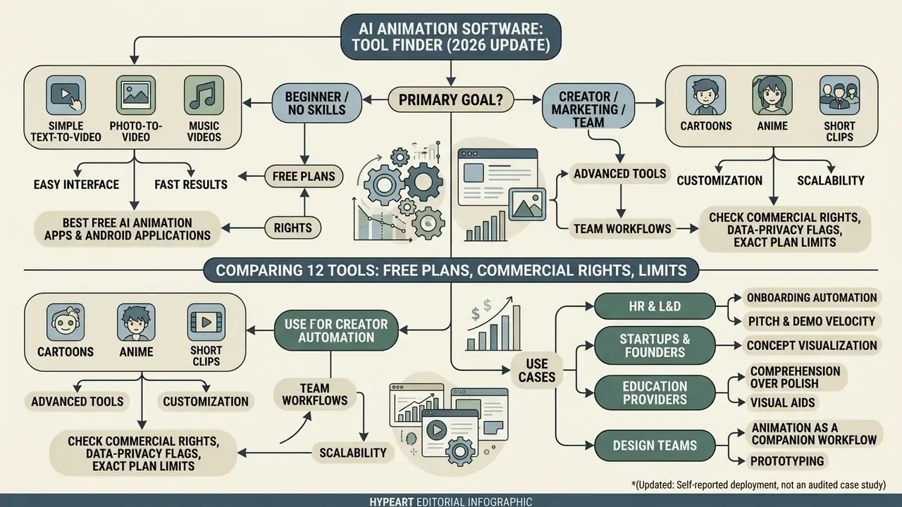 Flowchart categorizing AI animation software by user skill level, project goals, and professional use cases