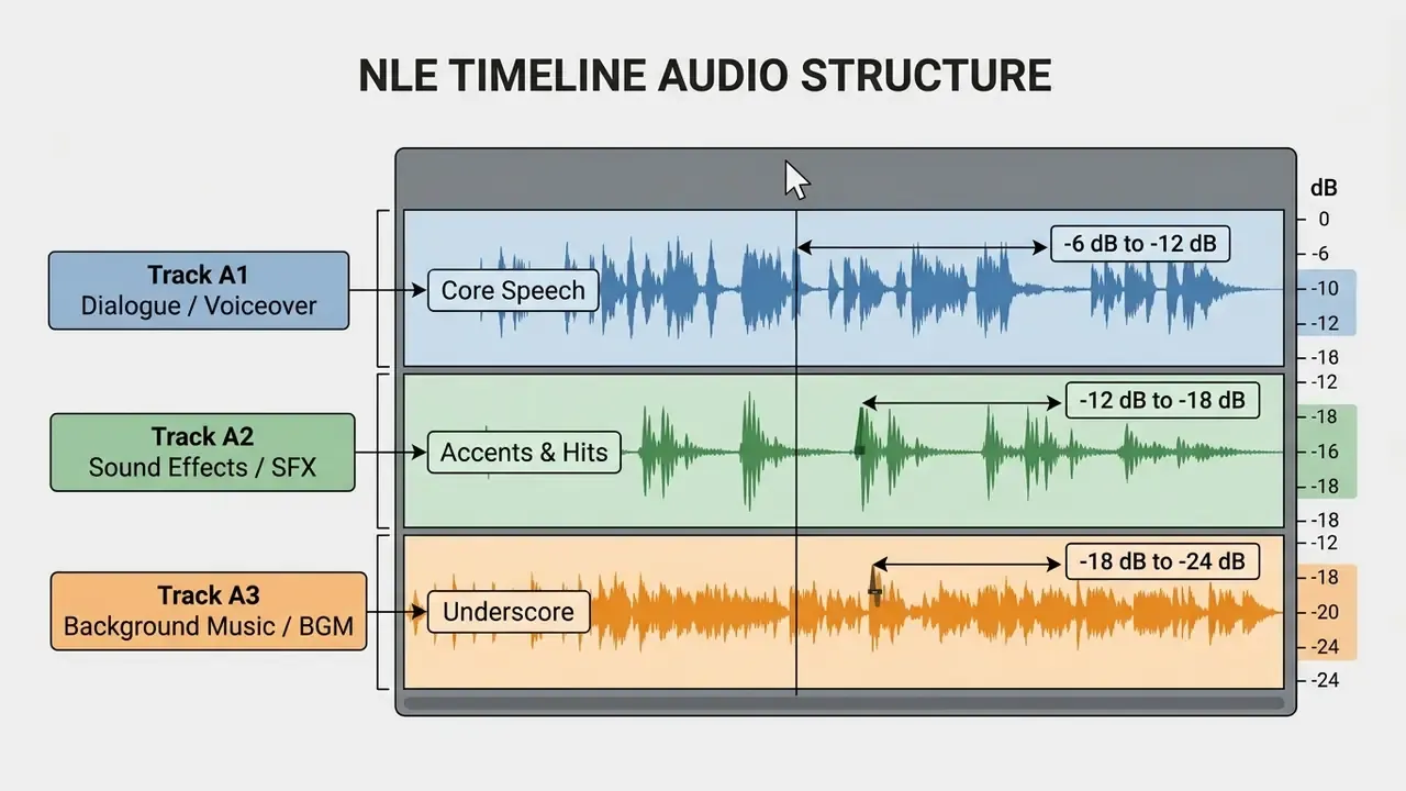 Diagram showing recommended decibel levels for dialogue, sound effects, and background music tracks