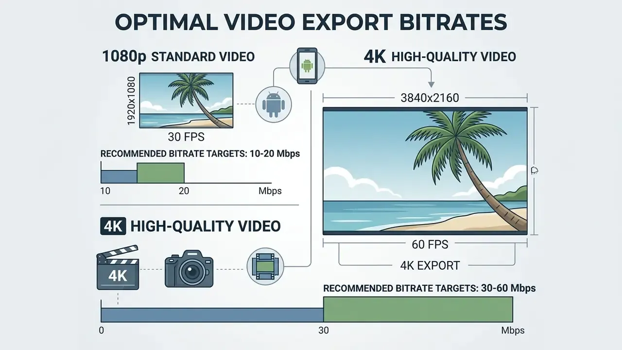 Comparison chart showing recommended bitrate targets for 1080p 30 FPS and 4K 60 FPS video exports
