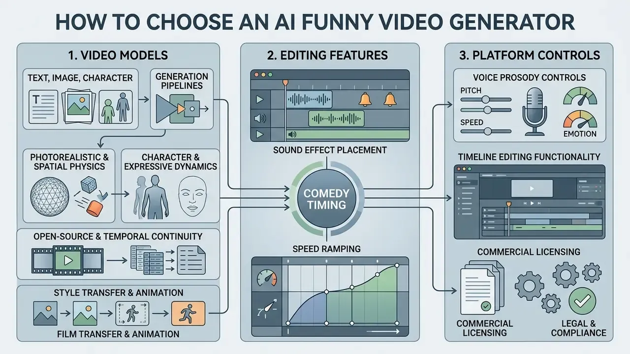 Infographic detailing video models, editing features, and platform controls for an AI funny video generator