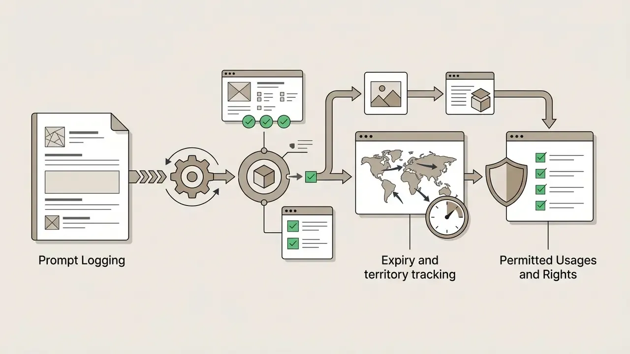 Prompt logs flowing through a gear system into a global tracking interface for usage rights management