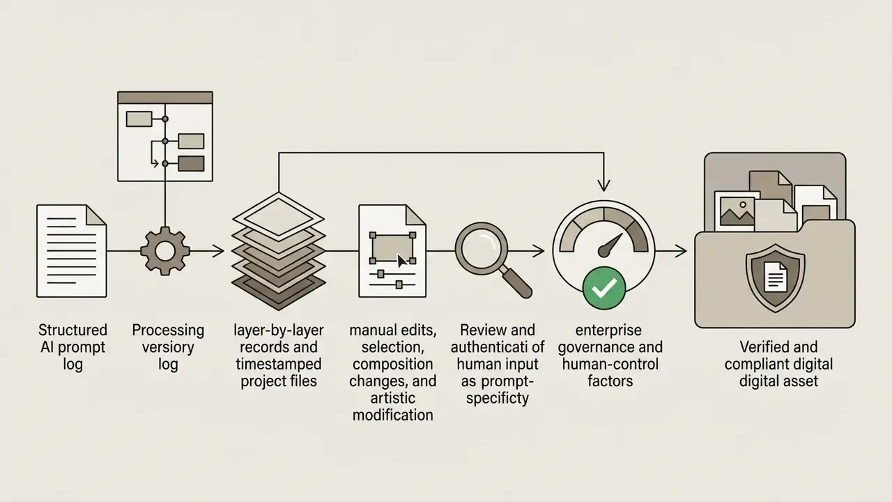AI prompt logs and project files moving through a review process into a protected digital asset folder