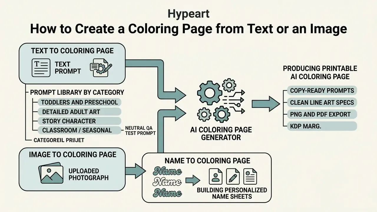 Diagram showing input methods for an AI coloring page generator including text prompts and photographs