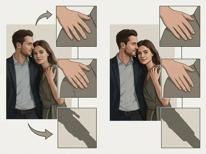 before and after comparison of AI couple photo hand artifact repaired with inpainting