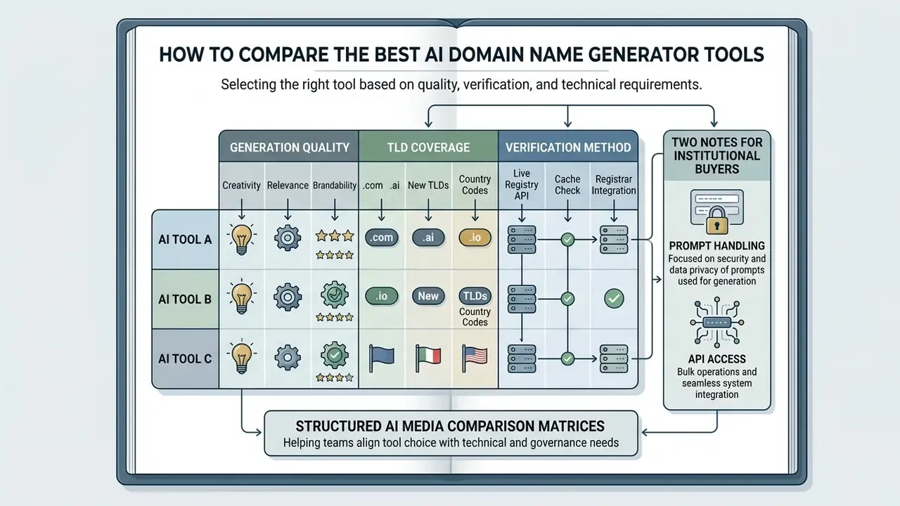 Comparison matrix evaluating AI domain name generator tools by quality, TLD coverage, and verification