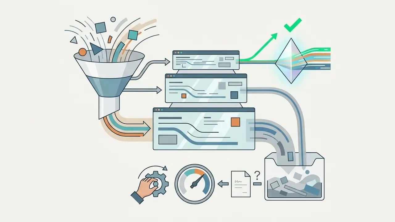 Funnel processing data into tiered software windows with a gauge and document for quality assessment
