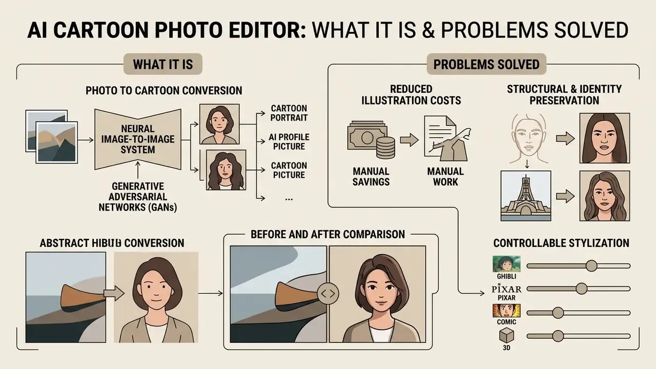 Infographic explaining how an AI cartoon photo editor converts images while preserving identity and reducing costs