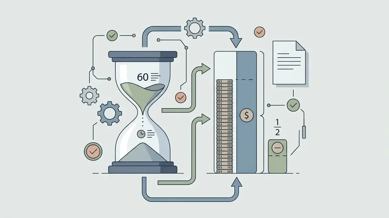 Hourglass with a number sixty and a stack of coins showing a currency symbol and a fraction