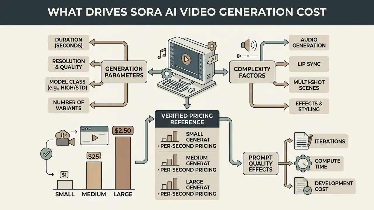 Infographic mapping generation parameters, complexity factors, and pricing for Sora AI video production