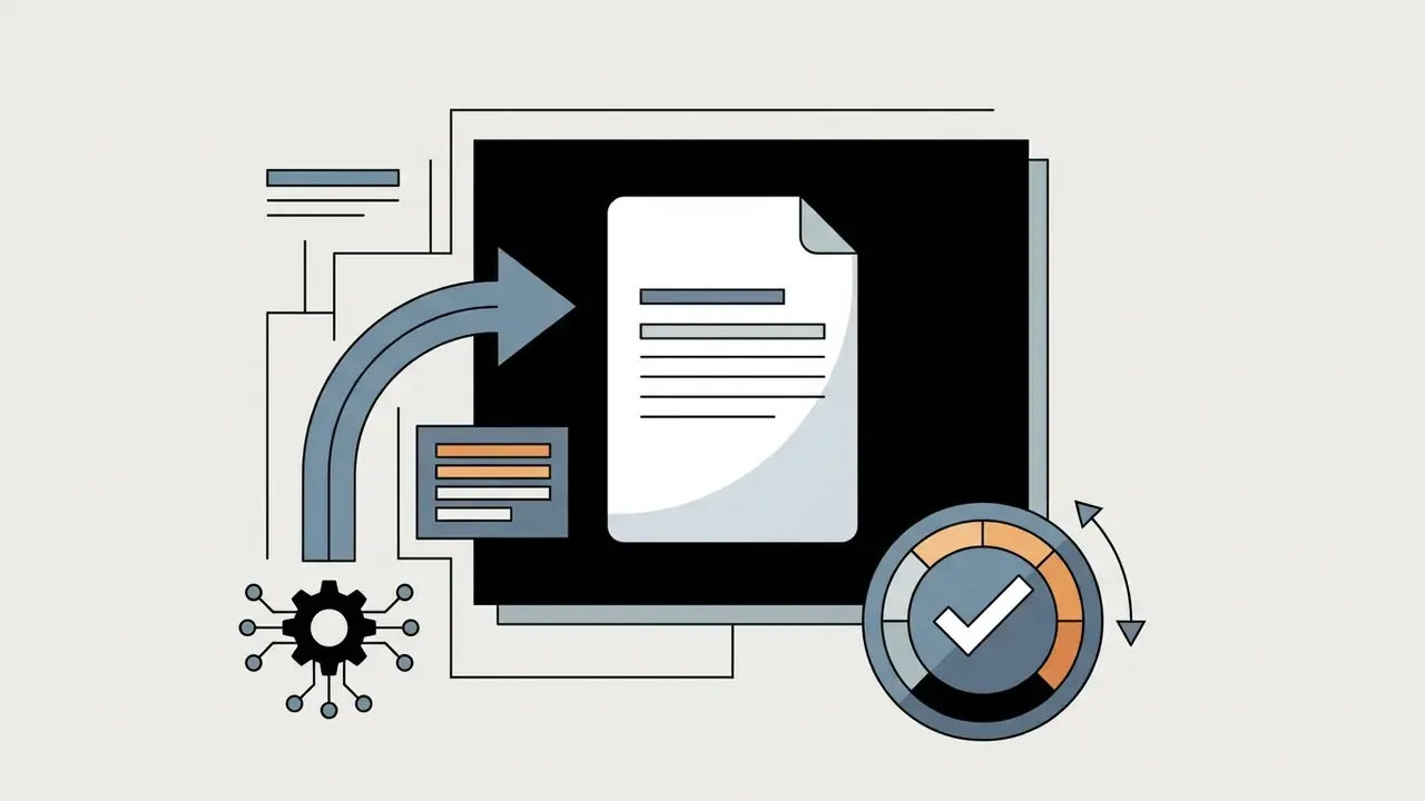 Gear icon and data blocks feeding into a document layout with a checkmark gauge