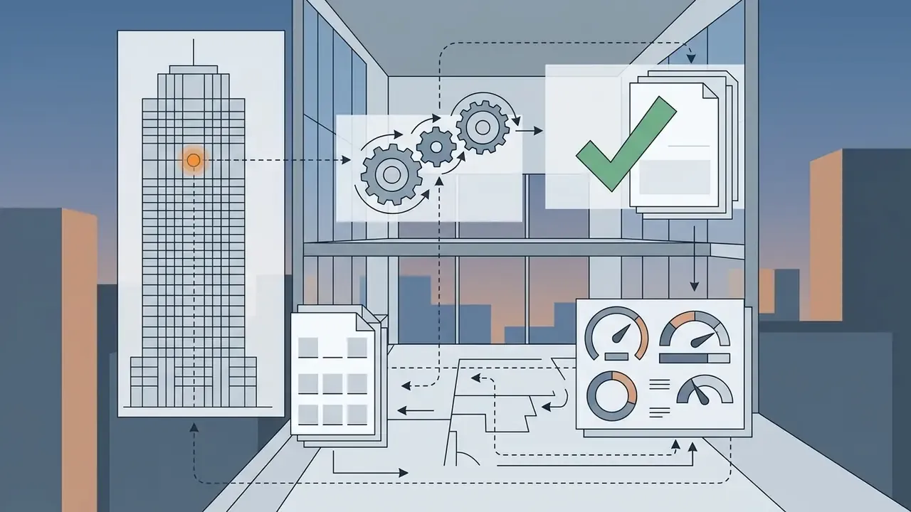 Skyscraper icon with gears processing document data into a checked report and dashboard analytics