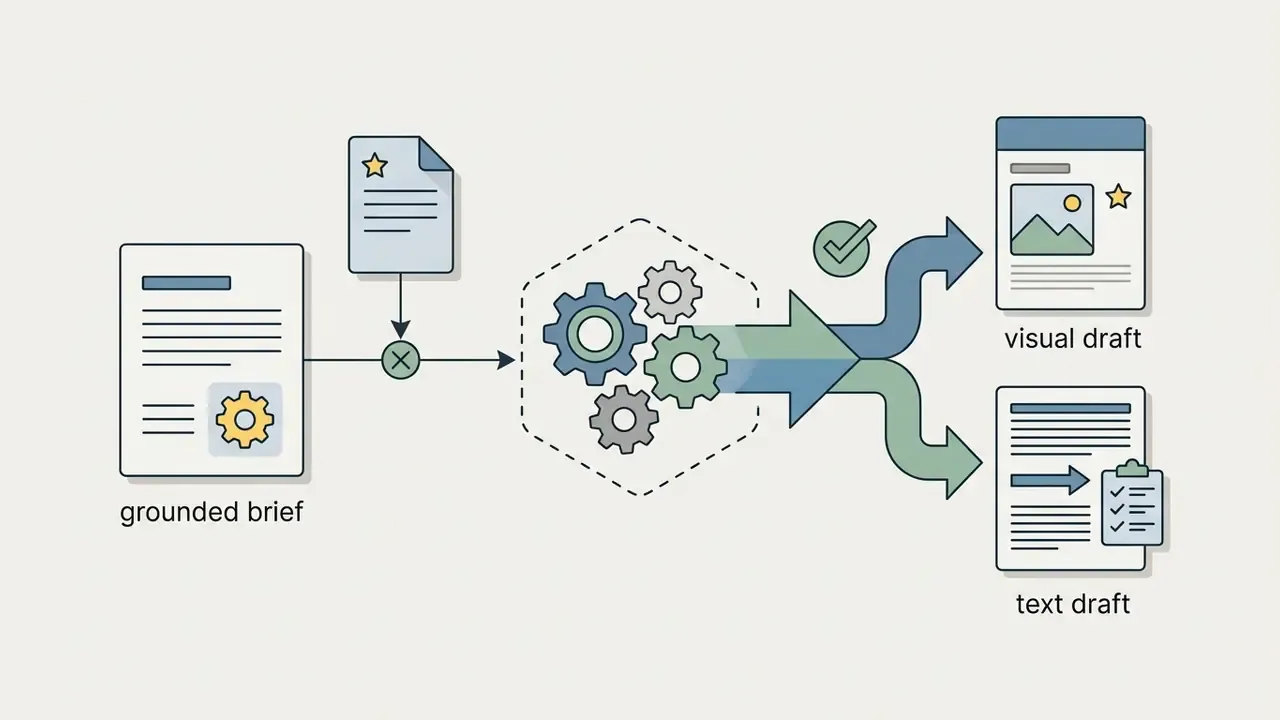 Briefs and templates feeding into a processing hub to generate visual and text draft outputs