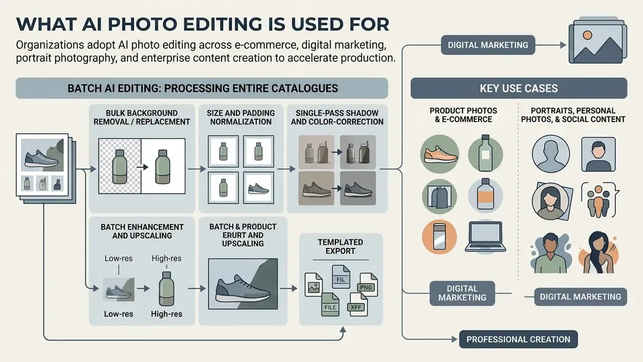 Flowchart showing batch processing steps for e-commerce product photos and professional content creation