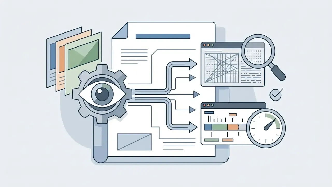 Eye inside a gear analyzing documents that flow into windows with a magnifying glass and speed gauge