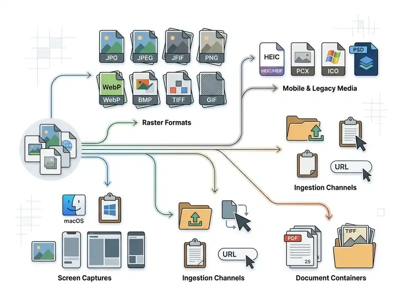 Categorized overview of file formats, screen captures, ingestion methods, and document containers