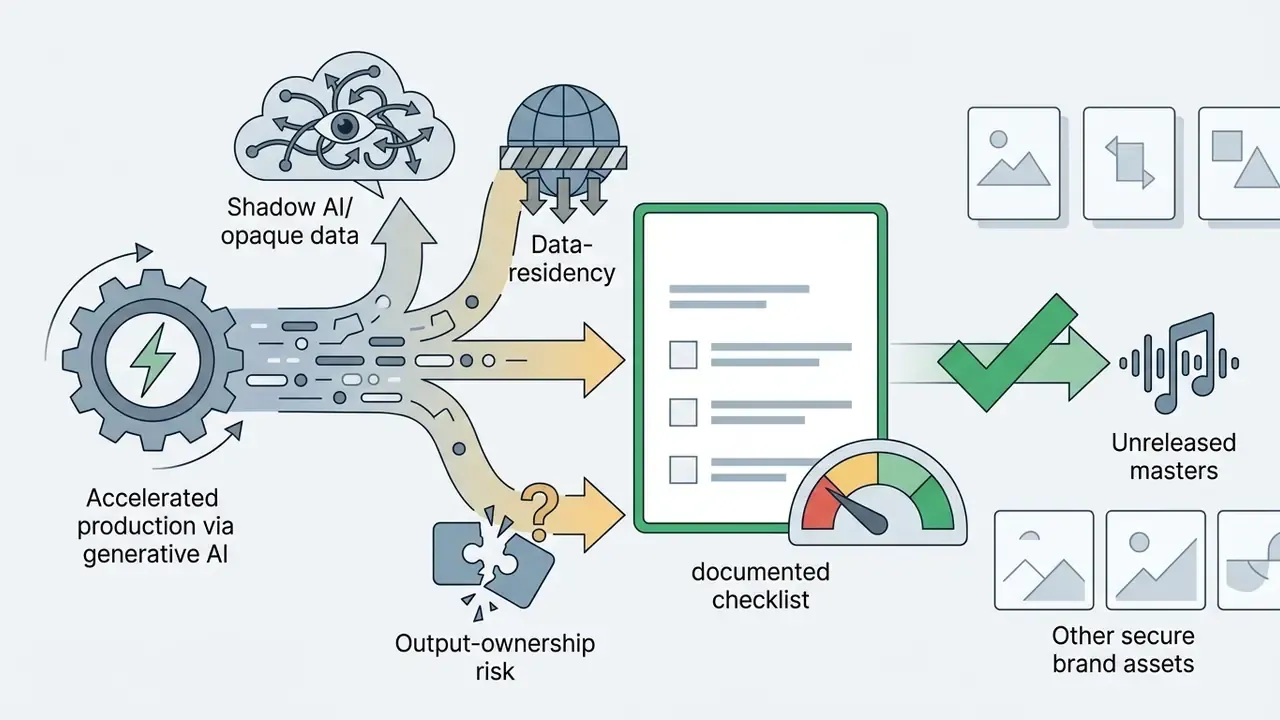 Flowchart showing generative AI production risks leading to a documented checklist for asset protection