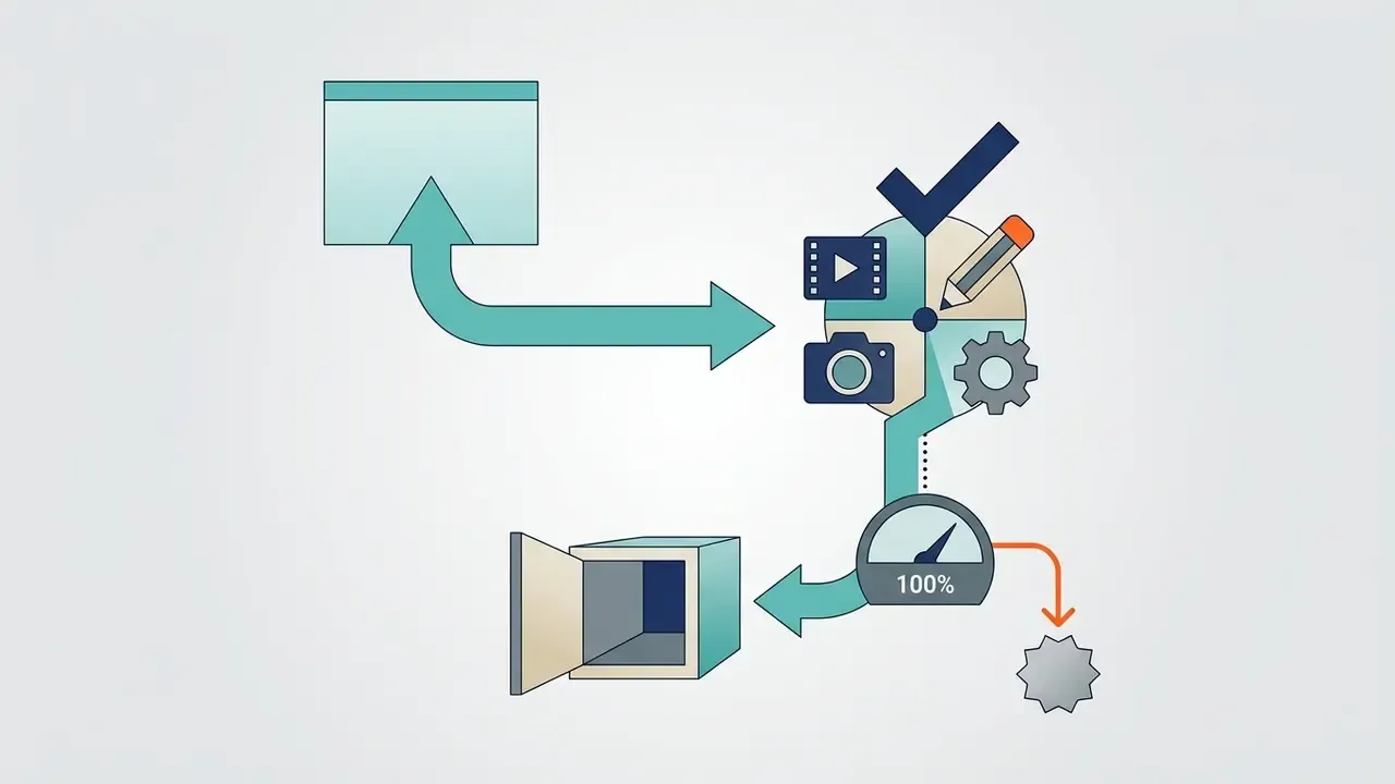Media assets moving from a file folder into a creative hub for video project completion