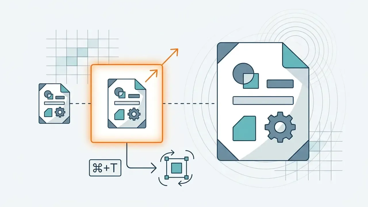 Visual representation showing a document icon being scaled up using the Free Transform keyboard shortcut