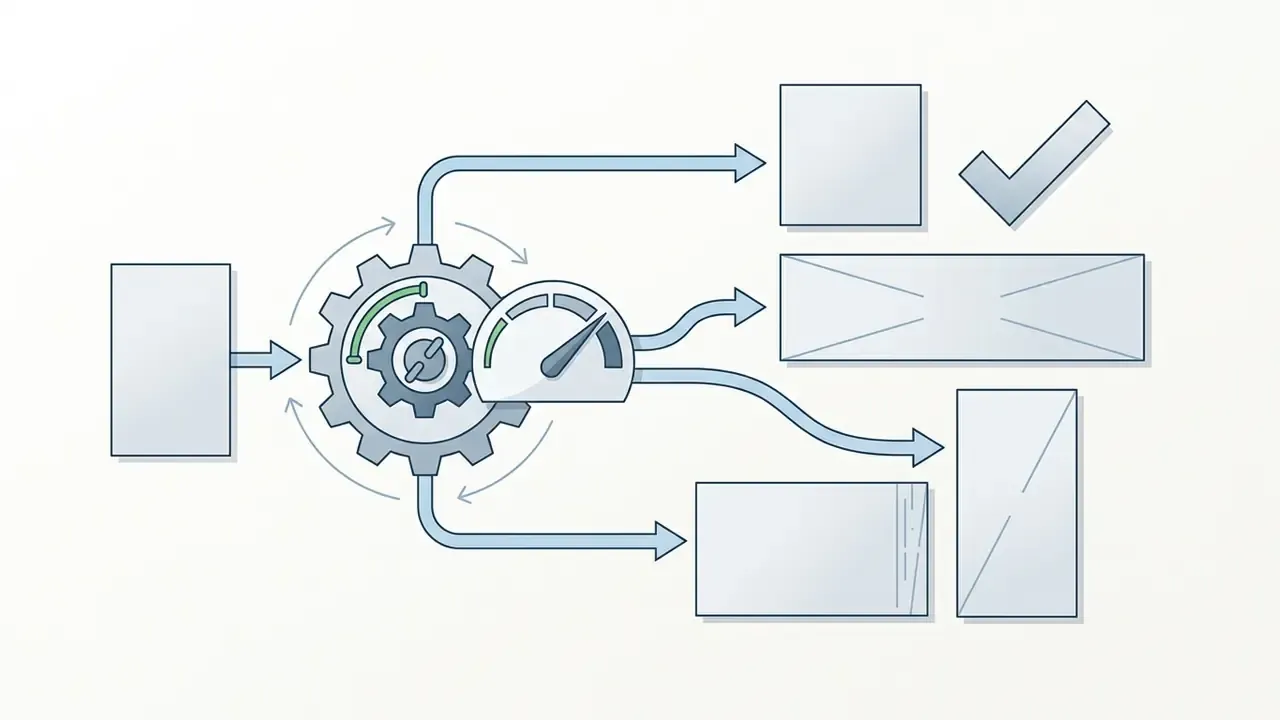 Central gear and speedometer icon processing input into various image aspect ratio placeholders
