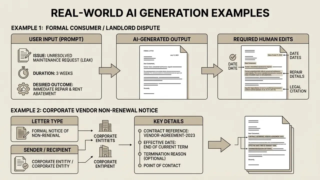 Diagram showing input prompts, generated drafts, and necessary human edits for two sample business letters
