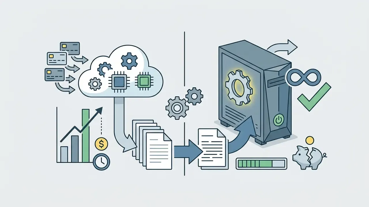 Cloud computing costs and local desktop processing shown with credit cards, server hardware, and documents