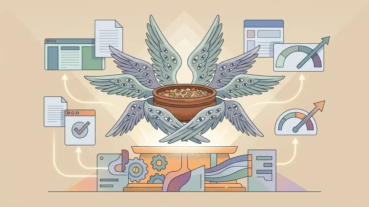 A bowl of food surrounded by many-eyed wings connected to document icons and performance gauges by flow lines