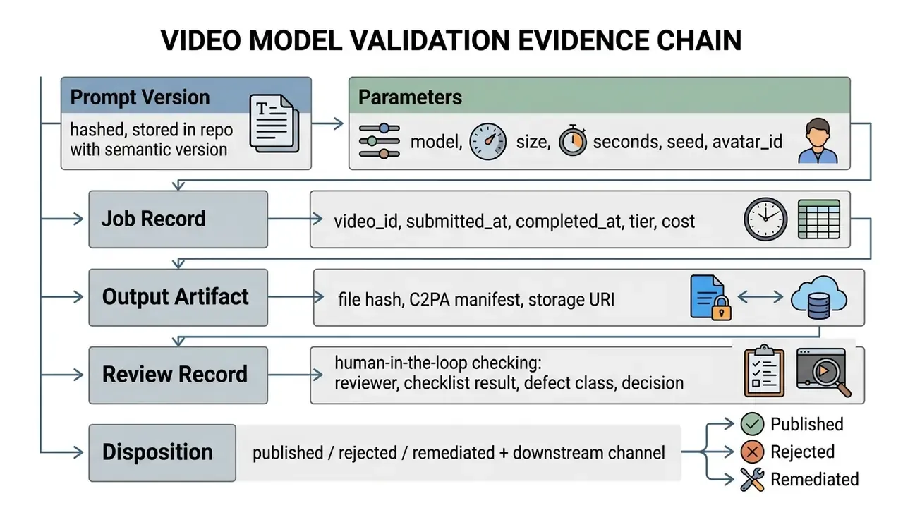 Sequential process map tracking video generation metadata from initial prompt through final disposition